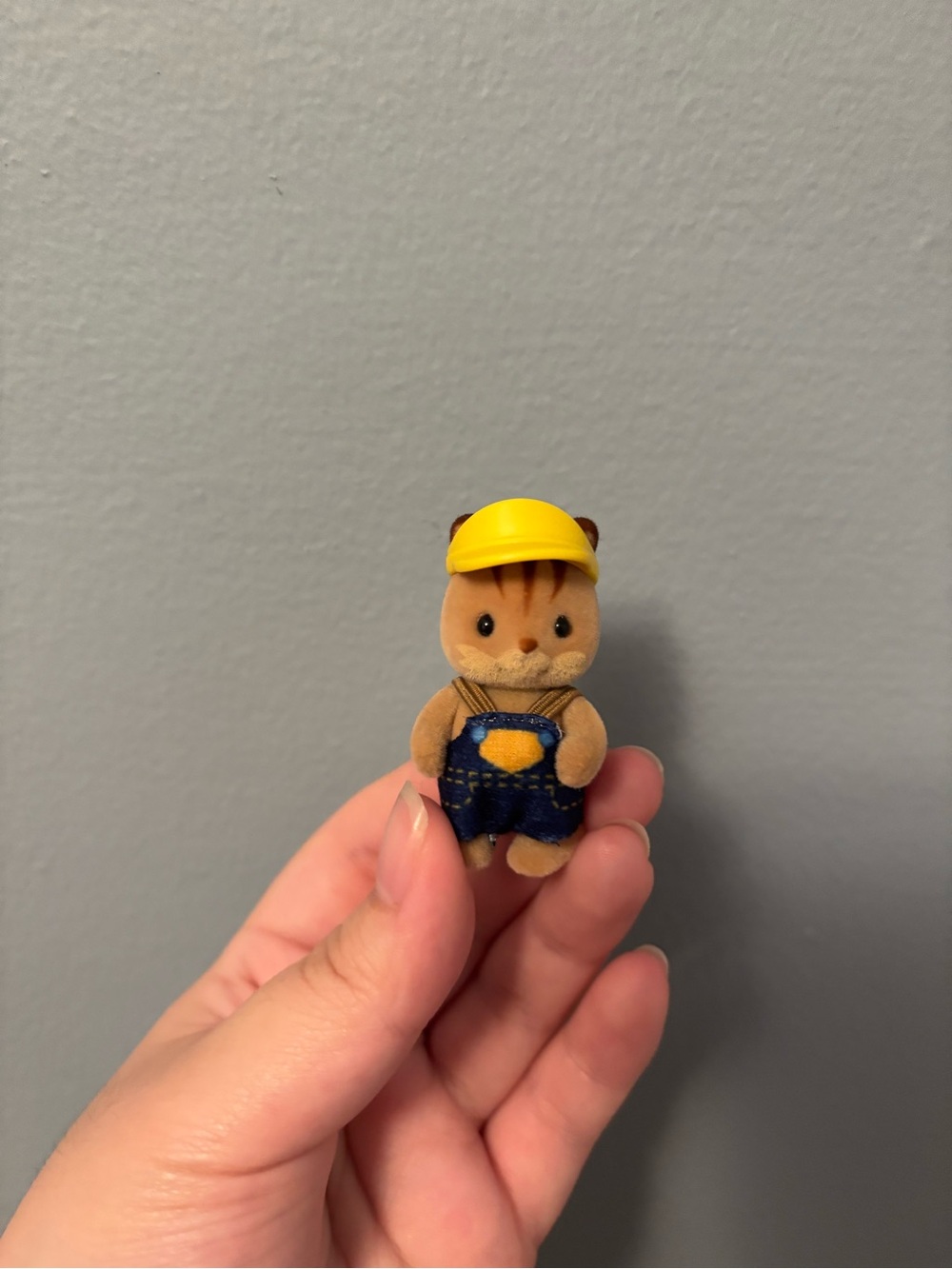Mini Plush Animal Figure in Yellow Hat and Blue Overalls